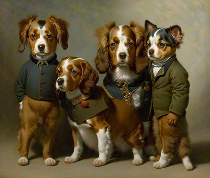 Four Dogs in Vintage Military Uniforms with Unique Markings