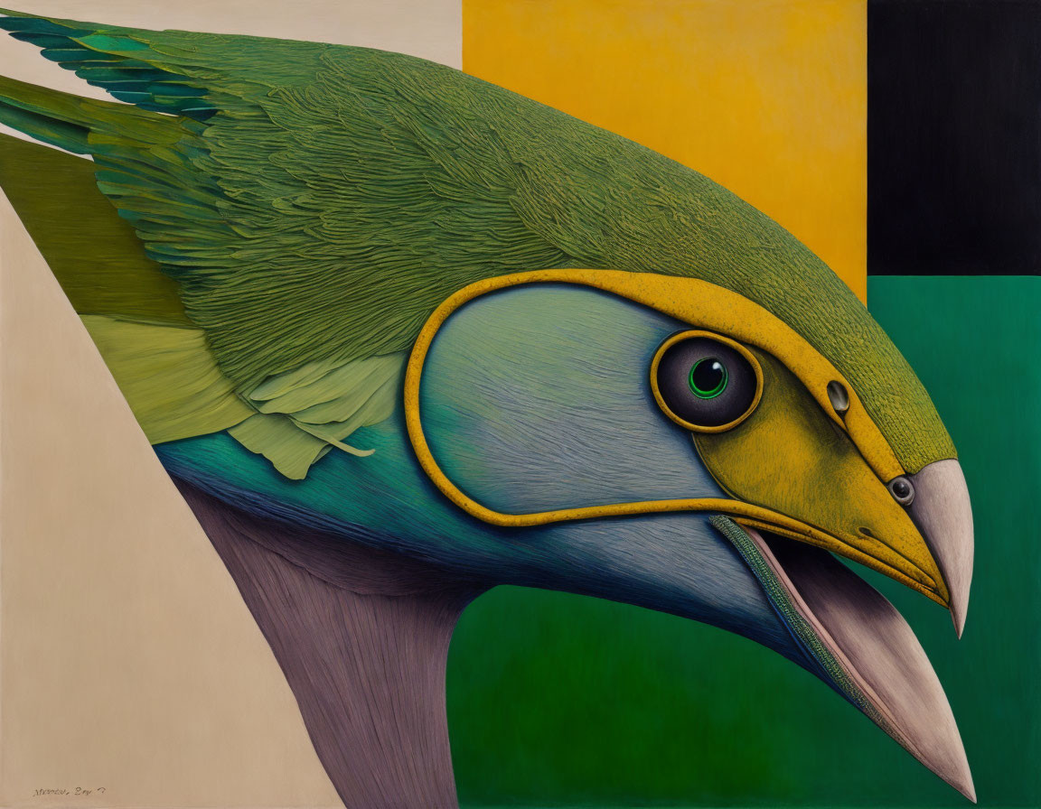 Colorful Bird Painting with Green Feathers and Geometric Background