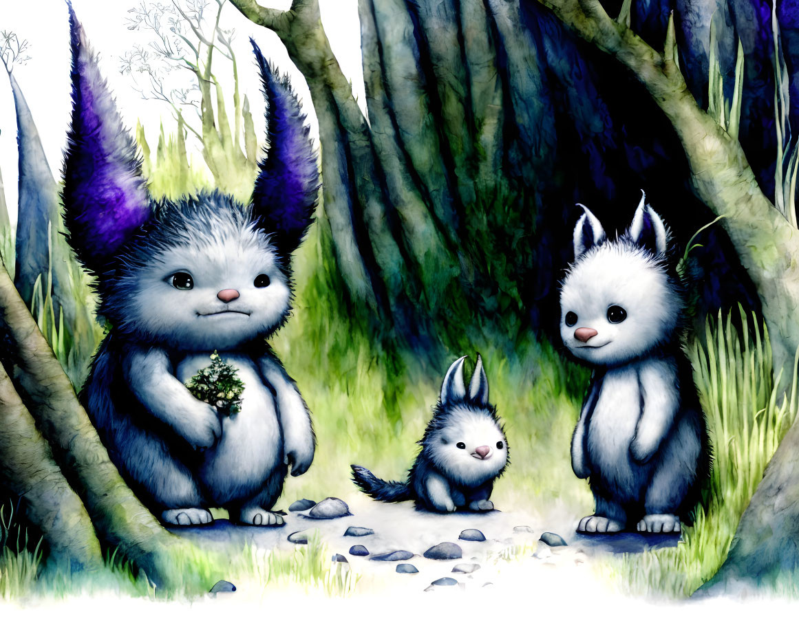 Three fluffy animal-like fantasy creatures with large ears in a magical forest, one holding flowers