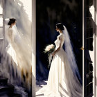 Bride in white gown with veil holding bouquet reflected in mirror.