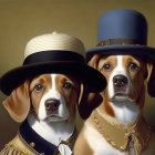 Two dogs in vintage attire and top hats with serious expressions.