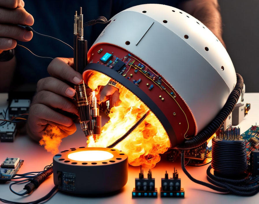 Intricate electronic helmet with glowing elements and fiery energy core