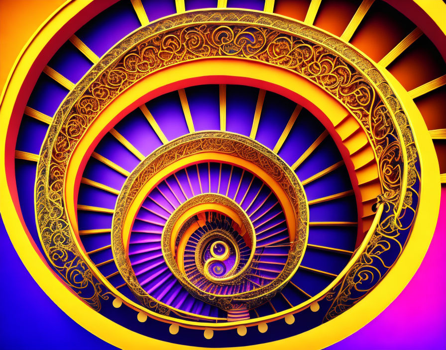 Vibrant fractal spiral with golden patterns on colorful gradient