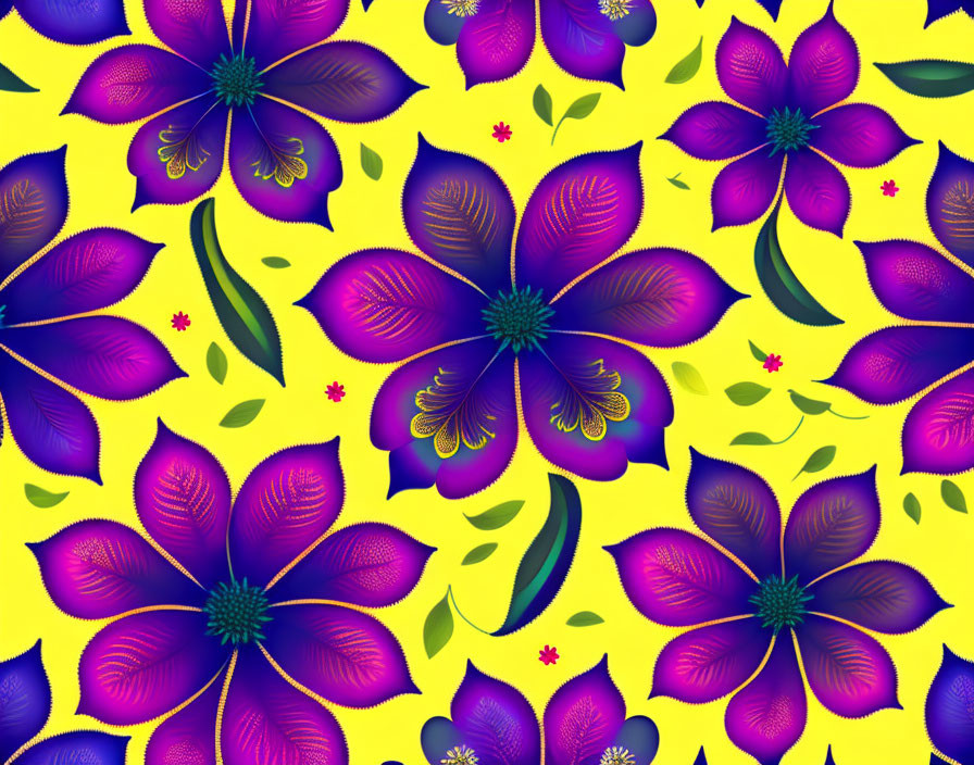 Purple Flowers and Green Leaves Pattern on Yellow Background with Red Accents