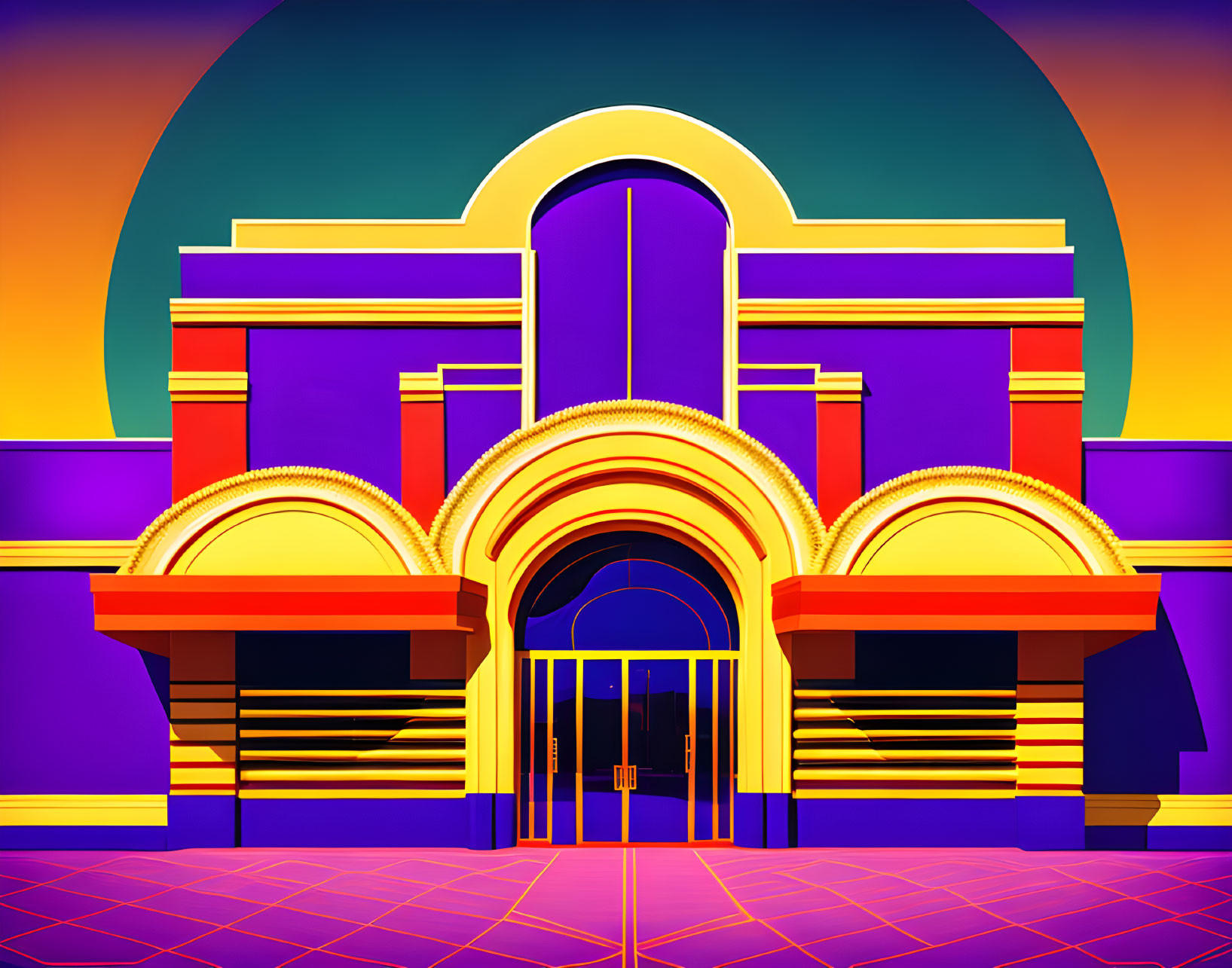 Colorful retro-futuristic building with arches and dome under a large sun