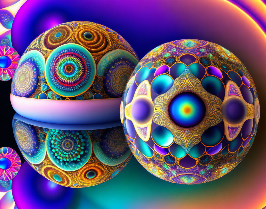 Colorful Fractal Art: Detailed Spheres on Rainbow Background