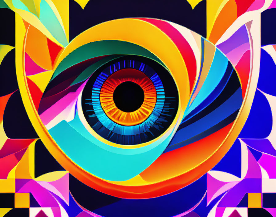 Colorful abstract digital eye art with vibrant petals on dark background