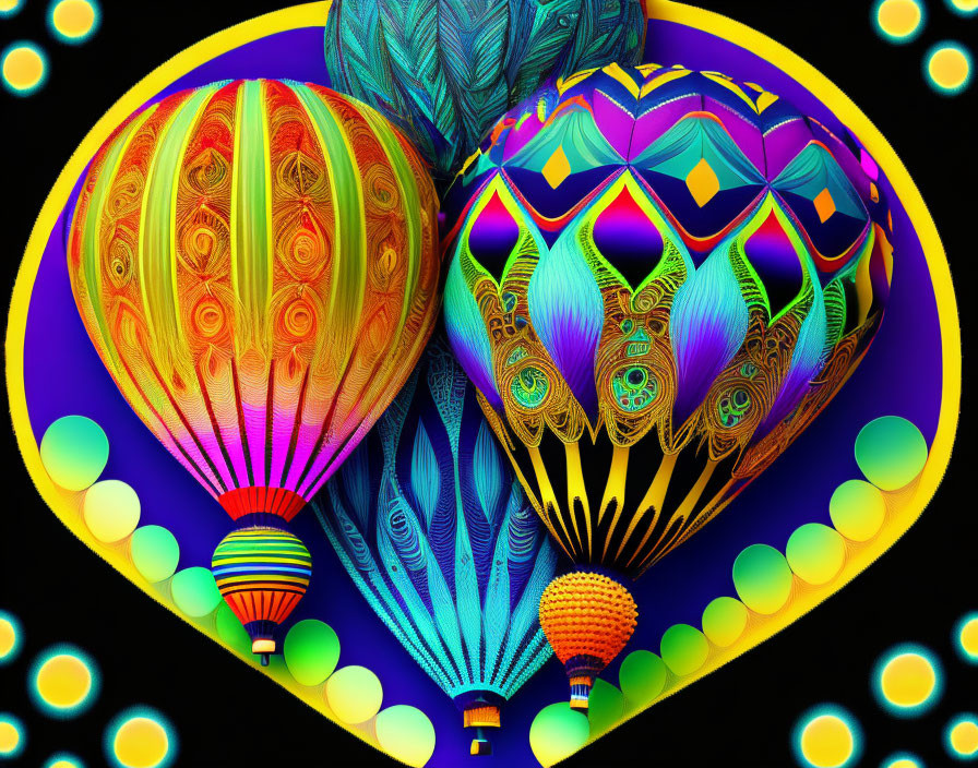 Colorful hot air balloons with intricate patterns on a psychedelic background.