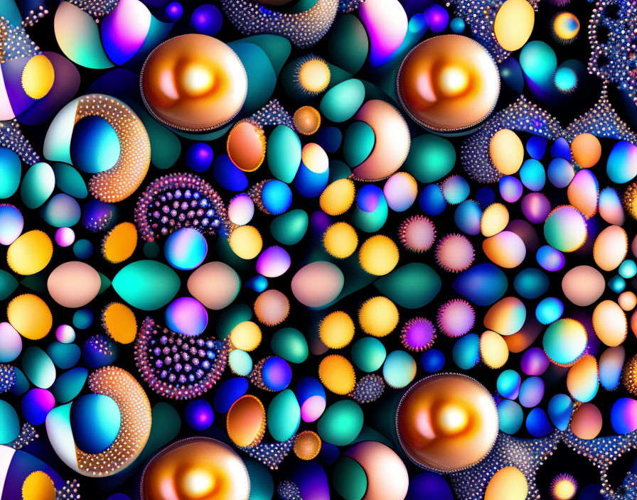 Abstract spherical shapes in colorful fractal pattern on dark background