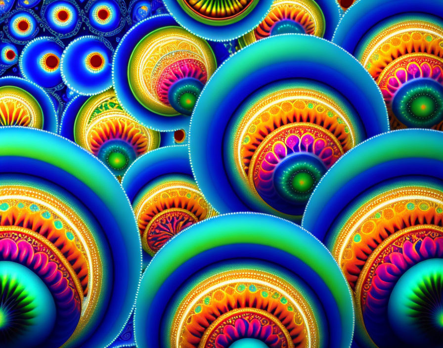 Colorful Fractal Art with Circular Patterns in Blue, Orange, and Green