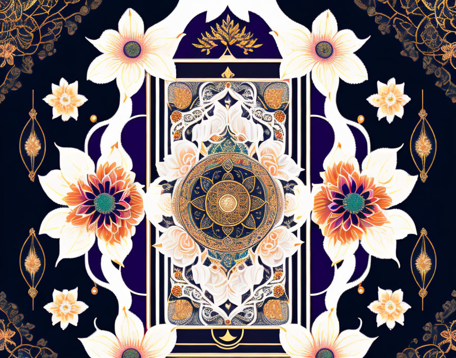 Floral Mandala Design with Gold Accents on Dark Background