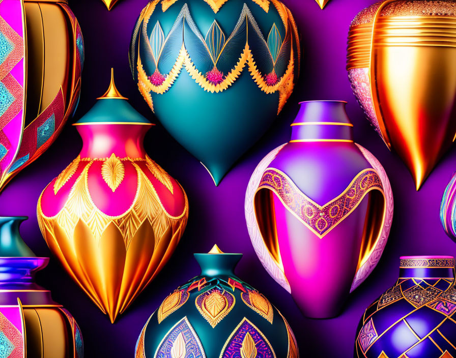 Colorful ornate vases with gold accents on purple background