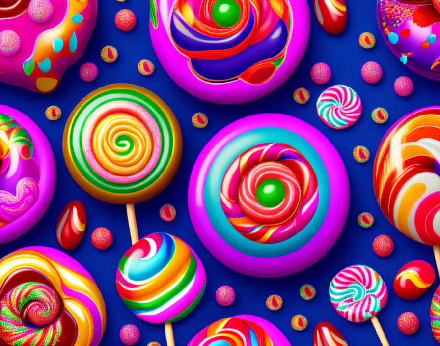 Colorful Swirl Pattern Lollipops and Candies on Bright Blue Background