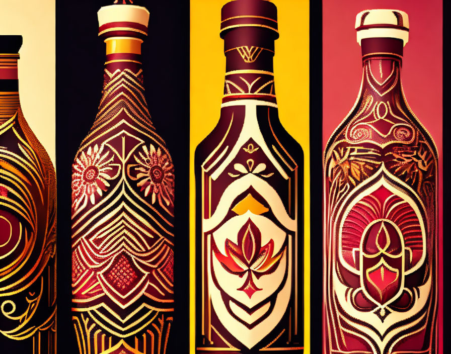 Ornate Red, Gold, and Cream Patterned Bottles on Dark Background