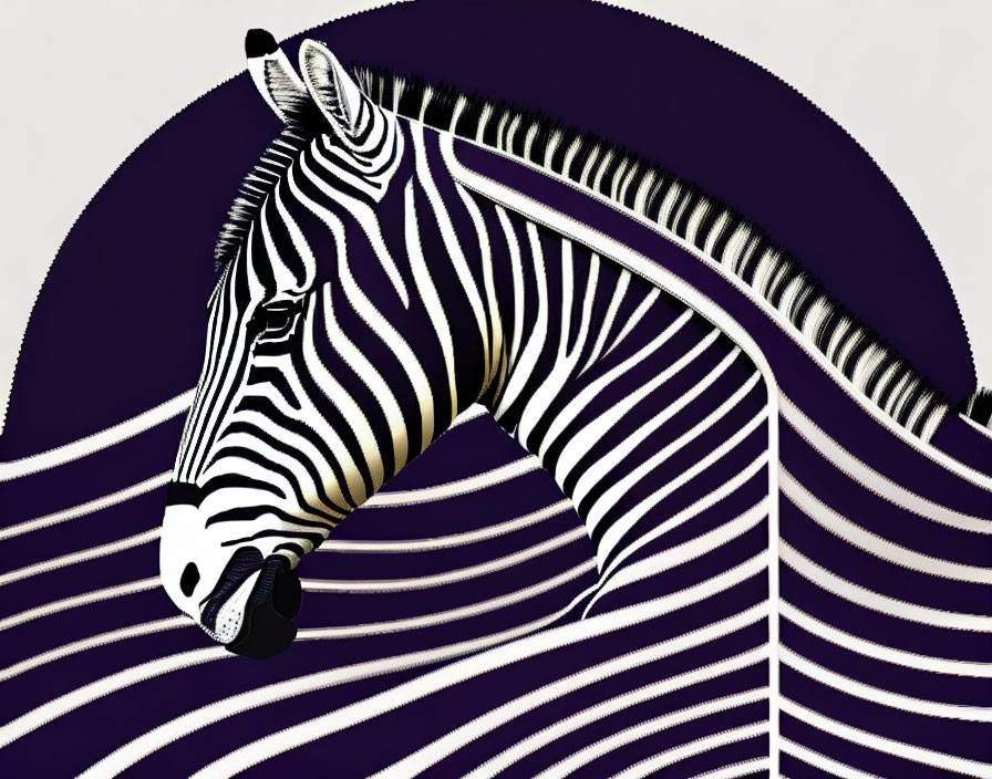 Zebra illustration with stylized stripes on purple background