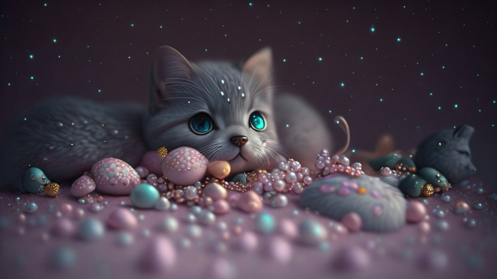 Grey Kitten with Blue Eyes Surrounded by Easter Eggs and Mouse