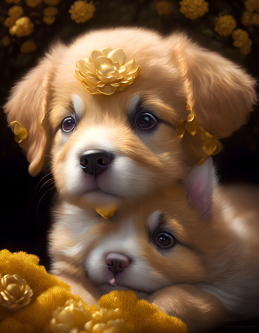 Adorable puppies with yellow flowers on dark background