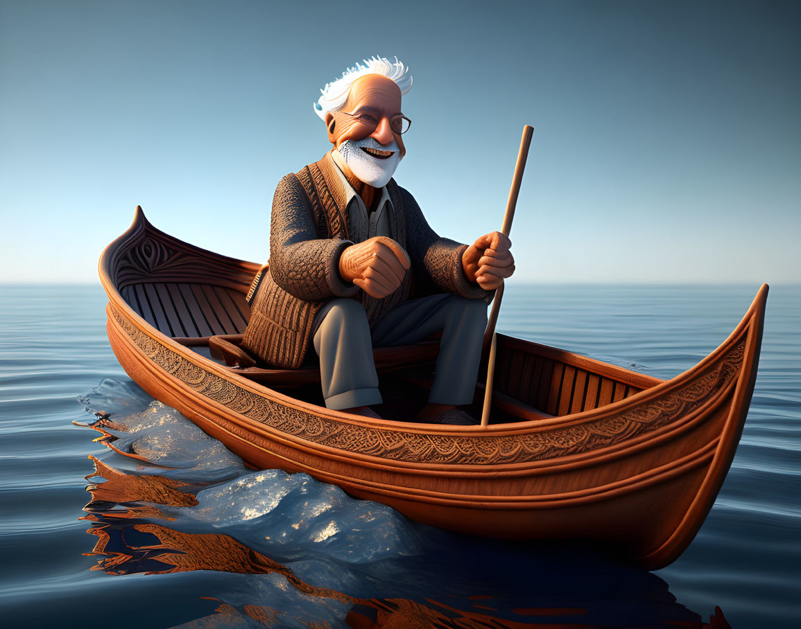 Elderly man with white hair rows wooden boat on calm waters