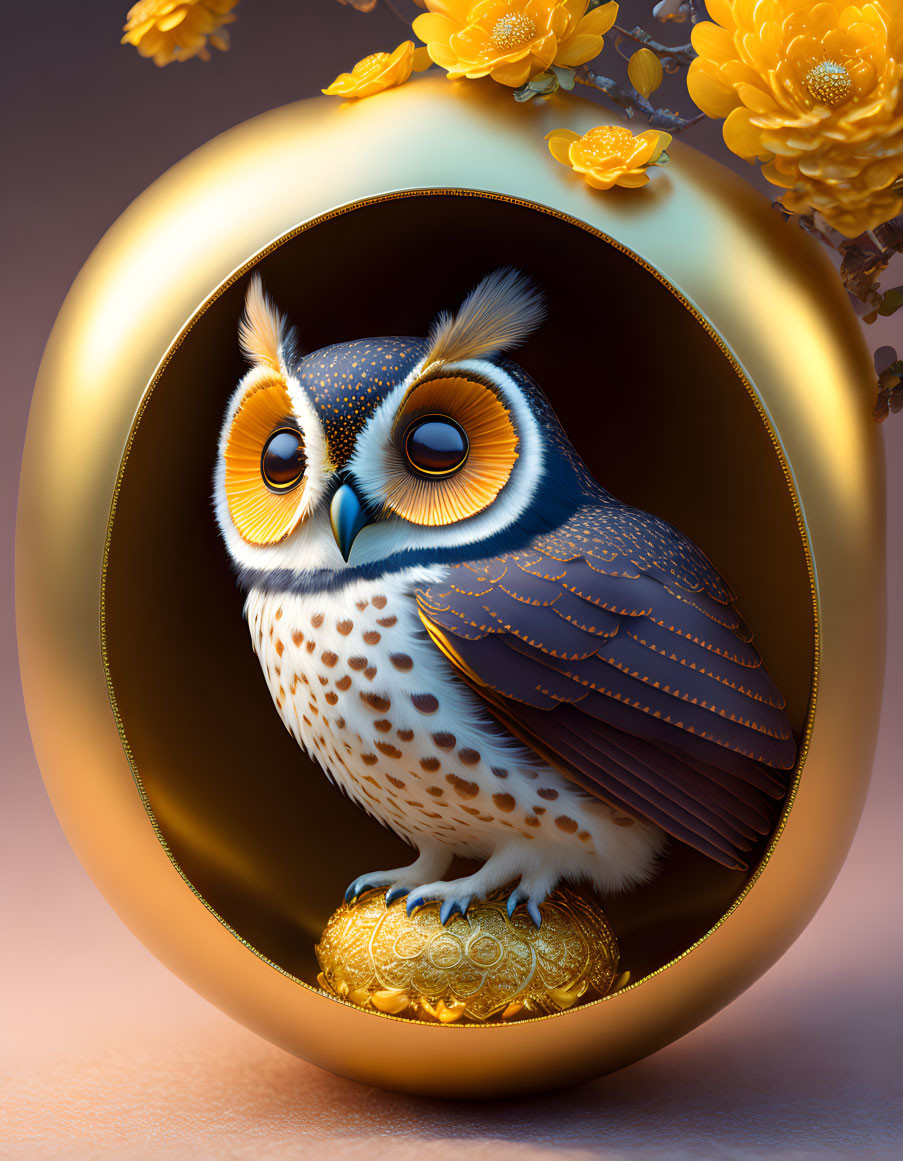 Stylized owl on golden ornament in circular frame with yellow flowers