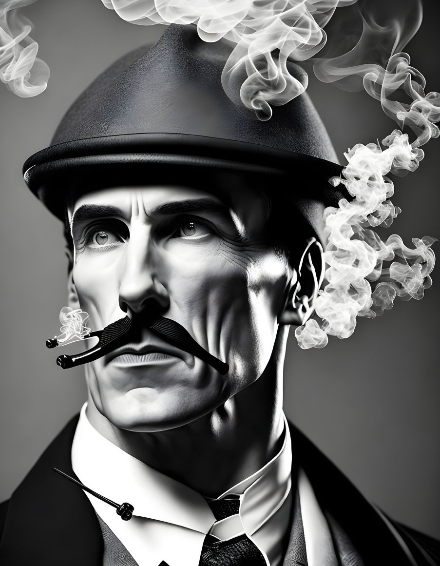 Monochrome illustration of a dapper man in bowler hat smoking cigar