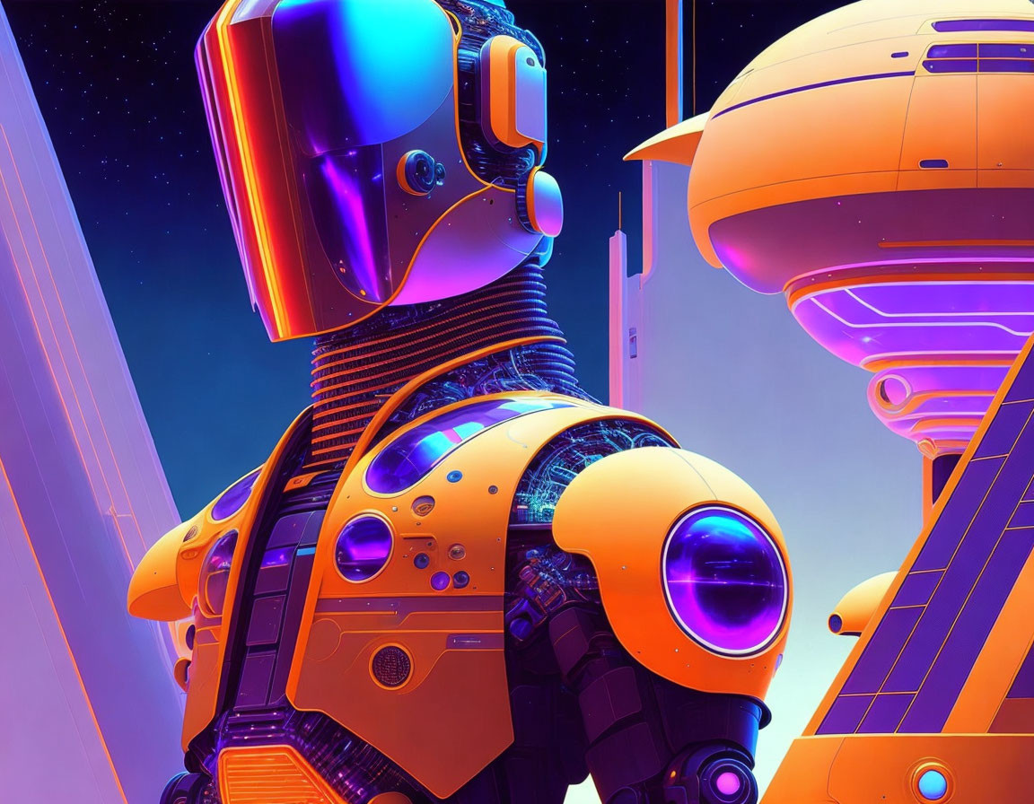 Futuristic robot in glossy orange and black against vibrant sci-fi cityscape