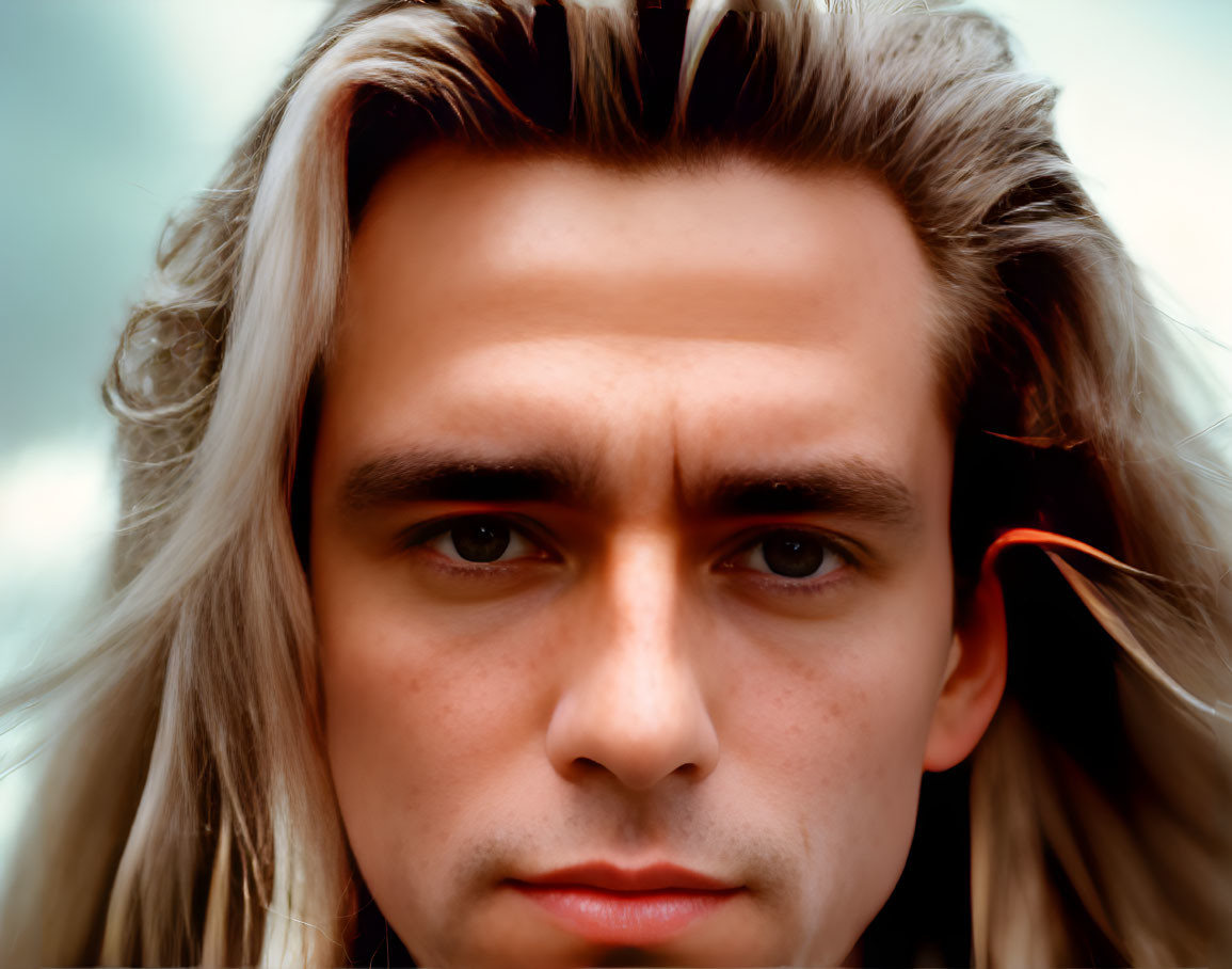 Portrait of person with dark roots and blonde ends, intense gaze, blurred background