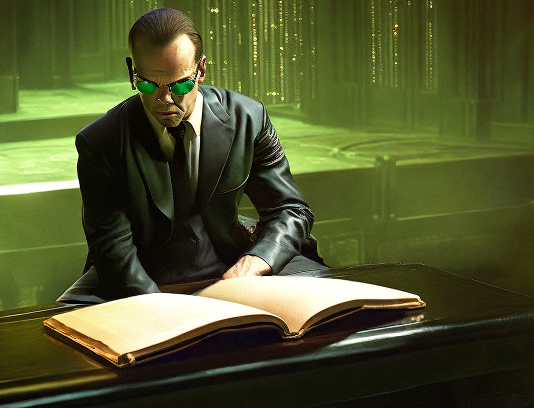 Man in Dark Suit Sitting at Desk with Open Book Under Dramatic Green Lighting