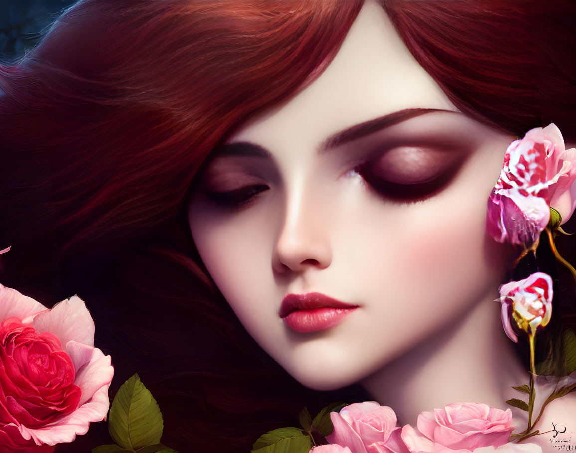 Digital painting: Woman with red hair and roses