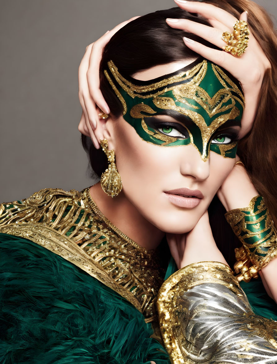 Woman adorned in green and gold makeup, masked headdress, golden jewelry, and feathered garment