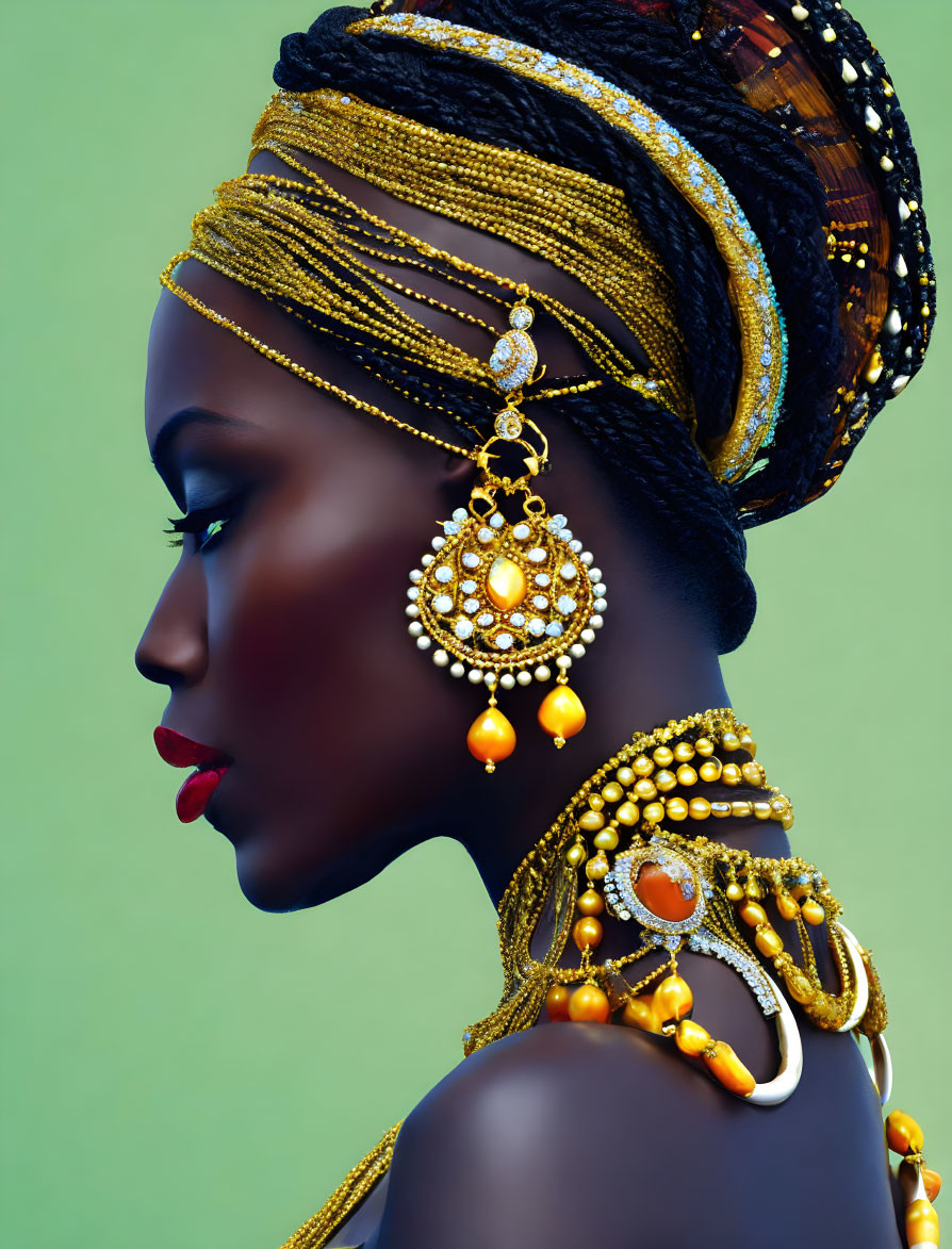 Profile of woman in ornate golden jewelry with intricate beadwork.