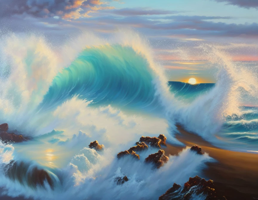 Ocean waves cresting at sunset: a serene painting capturing light and water.