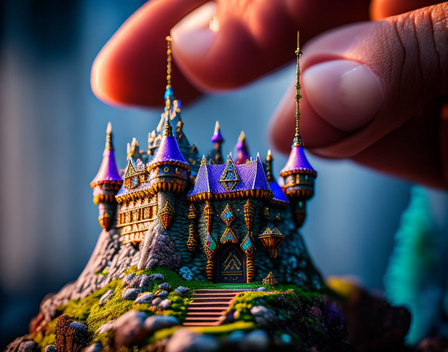 Miniature vividly colored castle held in hand on soft-focus background