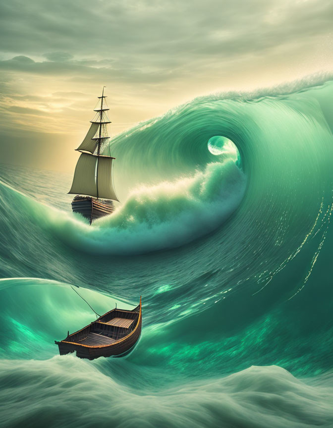 Sailing ship and rowboat on towering emerald waves in moody sky