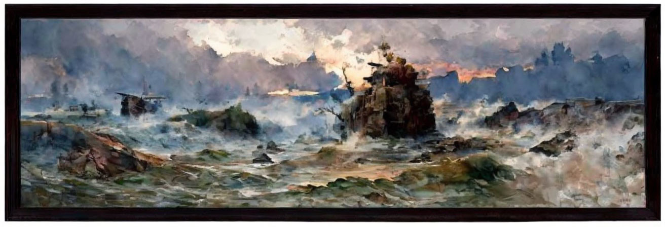 Panoramic landscape painting of rough sea waters and rocky outcrops