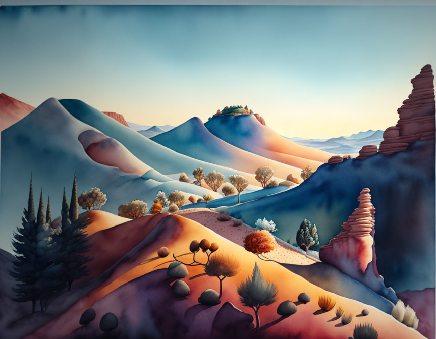 Stylized watercolor painting: Rolling hills in blue hues, sparse trees, rocks, soft dawn