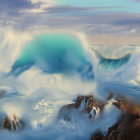 Ocean waves cresting at sunset: a serene painting capturing light and water.