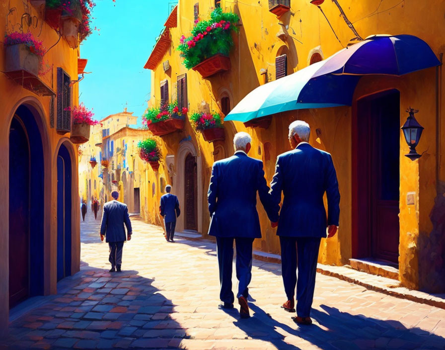 Elderly men walking hand in hand in colorful alley with child