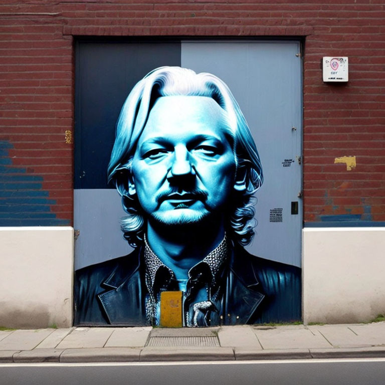 Realistic graffiti portrait of a man with long blonde hair and goatee on blue double door in urban