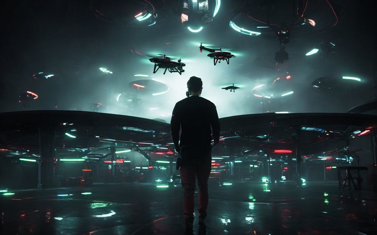 Man observing drones in futuristic dimly lit environment