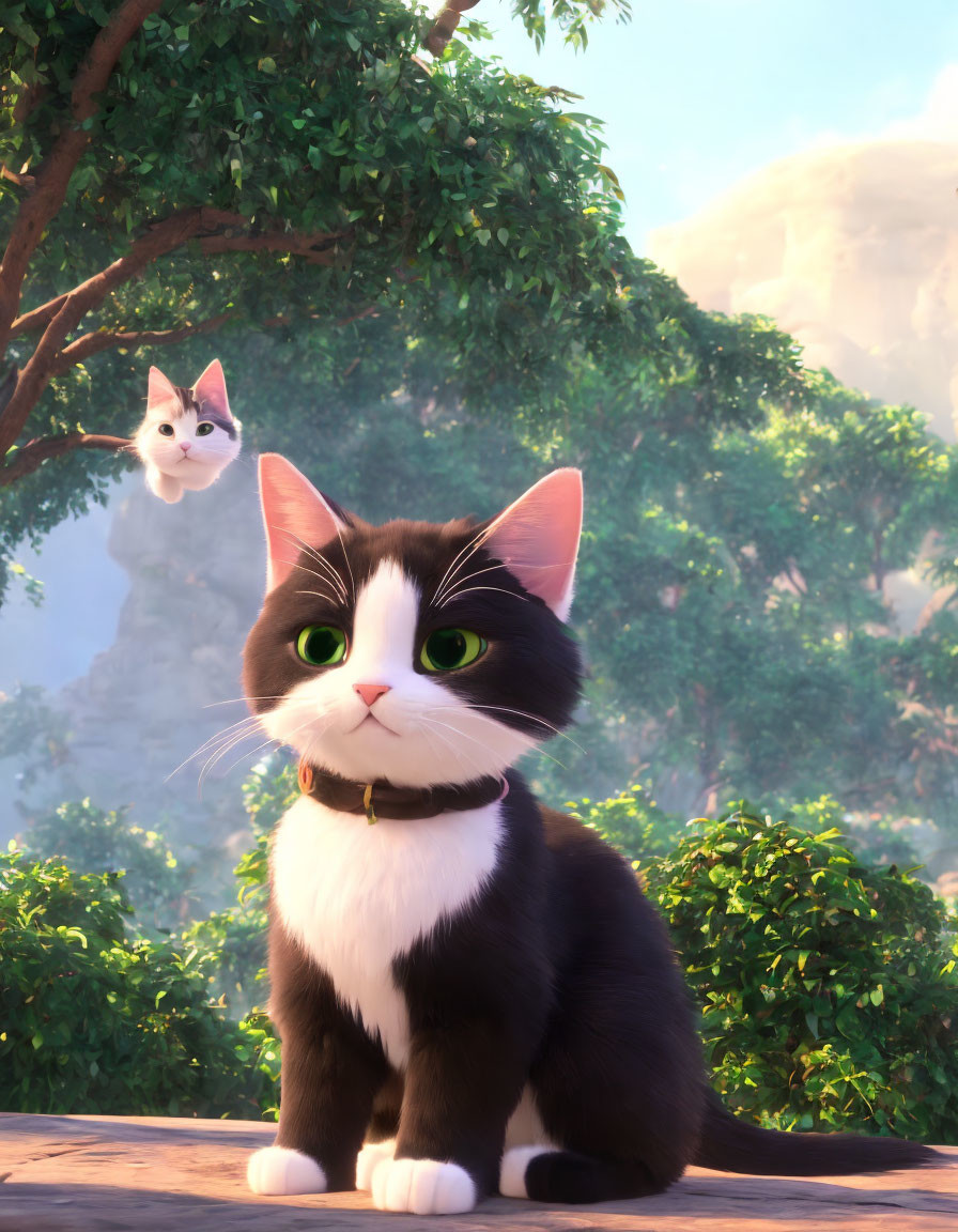 Black and White Animated Cat with Green Eyes and Collar, Smaller White Cat in Sunny Background