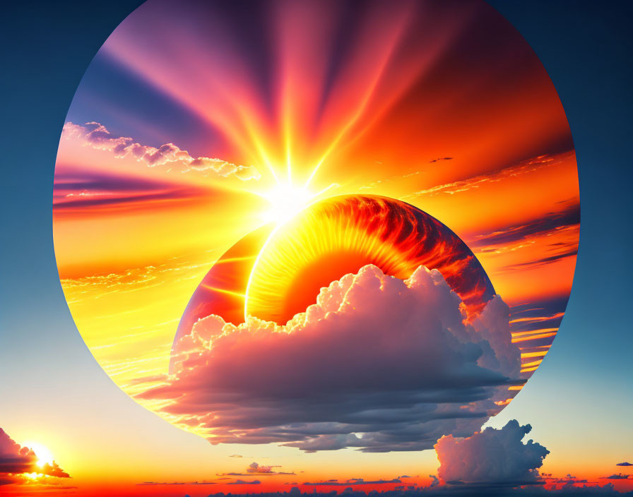 Vibrant sunset with eclipsed sun in surreal circular image