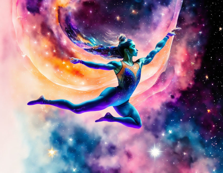 Female dancer gracefully leaping against vibrant cosmic backdrop