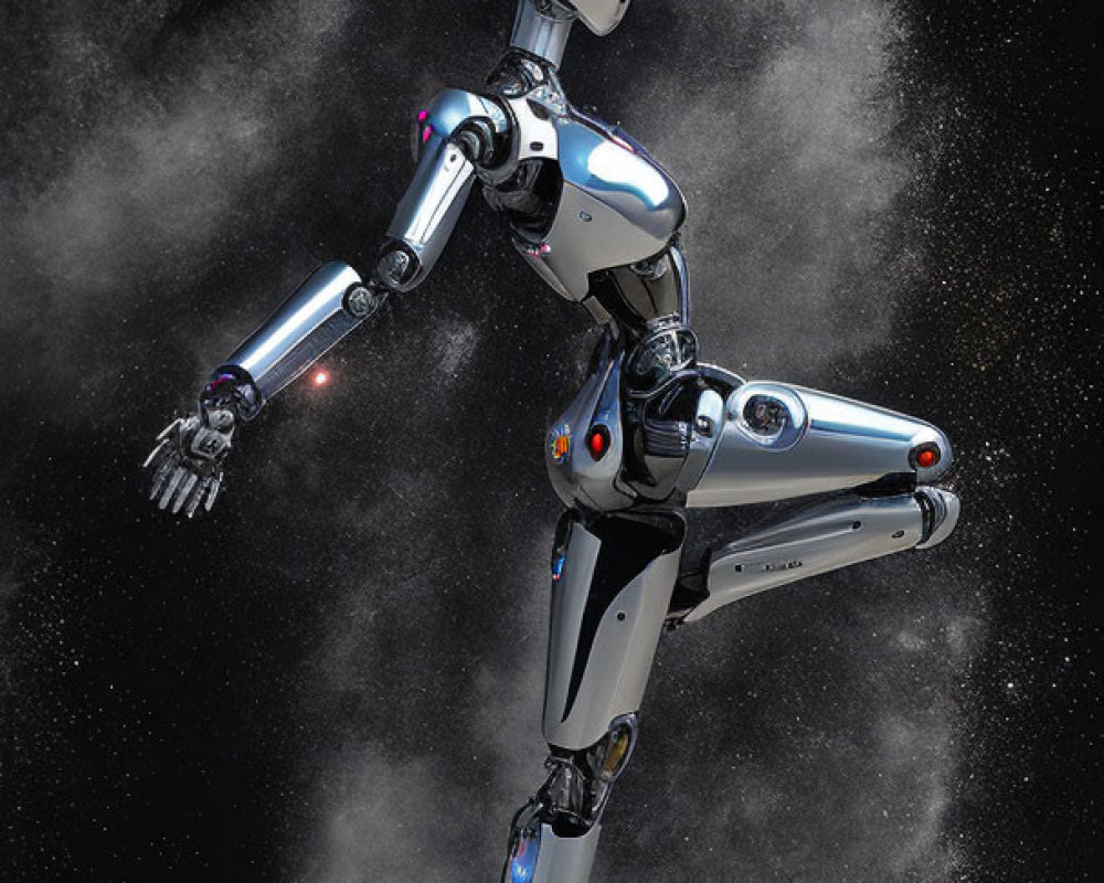 Shiny humanoid robot in motion with dust cloud background