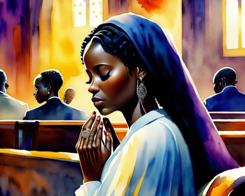 Illustration of woman praying in church with stained glass windows.