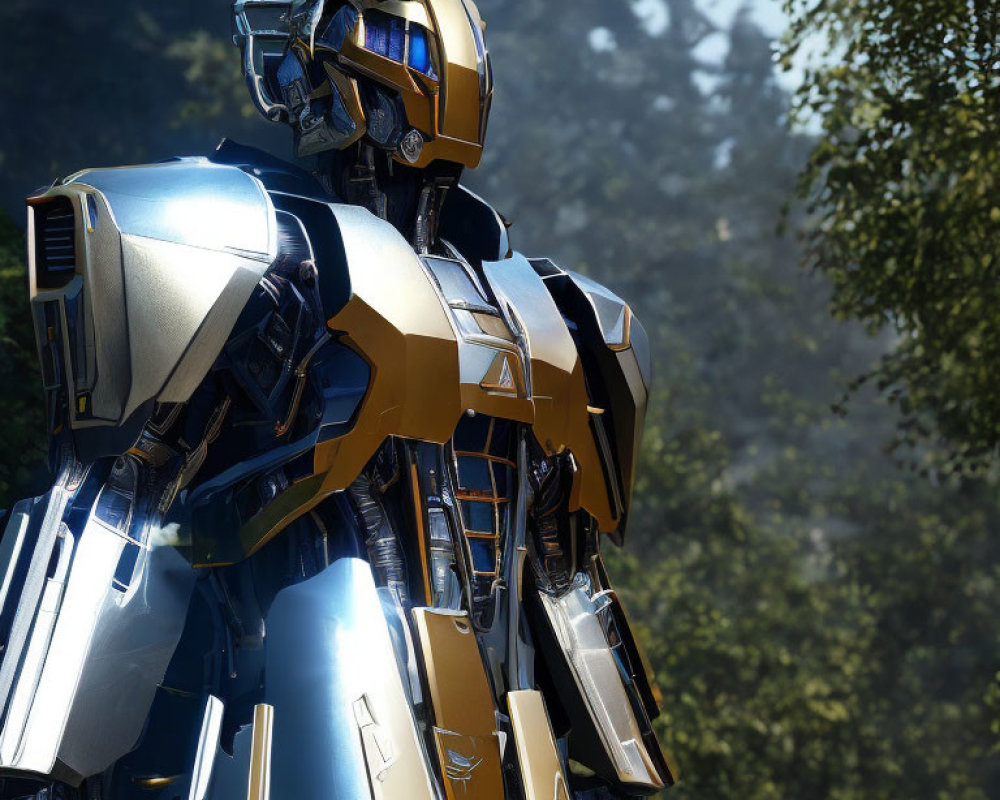 Detailed blue and yellow robot in nature setting