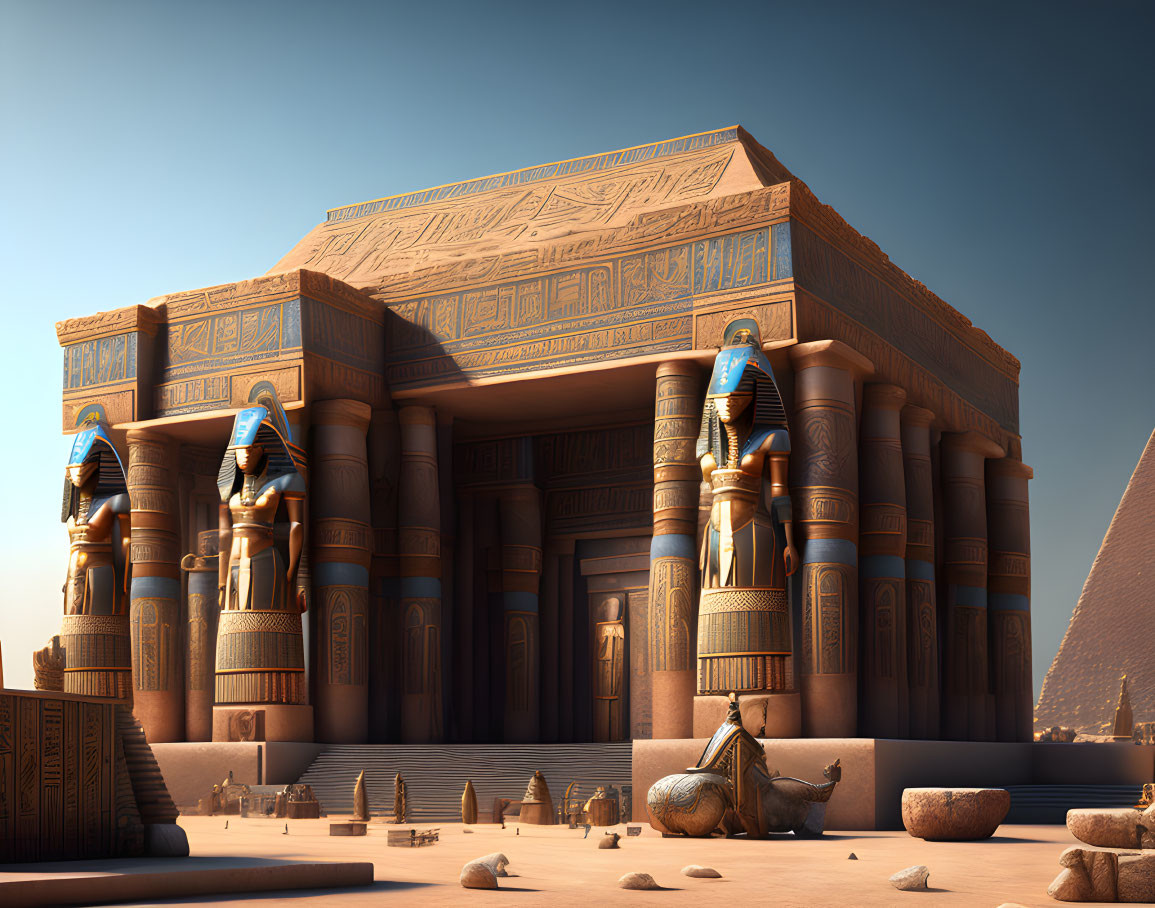 Ancient Egyptian temple with pharaoh statues, hieroglyphics, pottery, and pyramid.