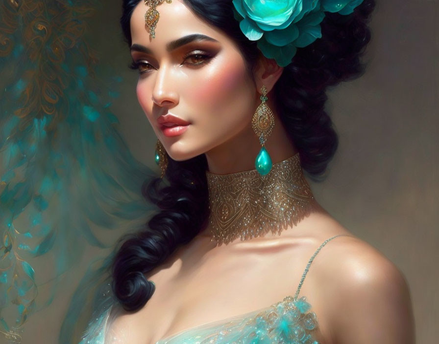 Illustrated woman with ornate jewelry and teal flowers, peacock feather motif background