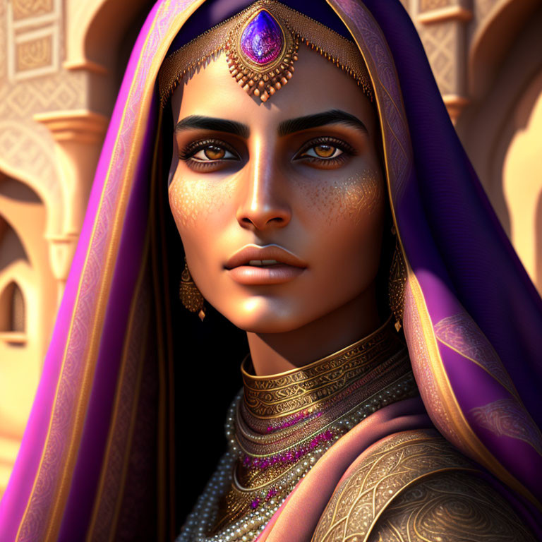 Portrait of woman in traditional jewelry and purple headscarf against ornate archway