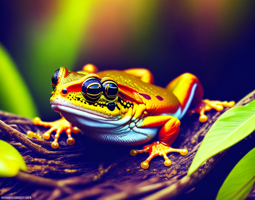 Colorful Frog with Orange Feet Resting on Branch in Lush Green Foliage