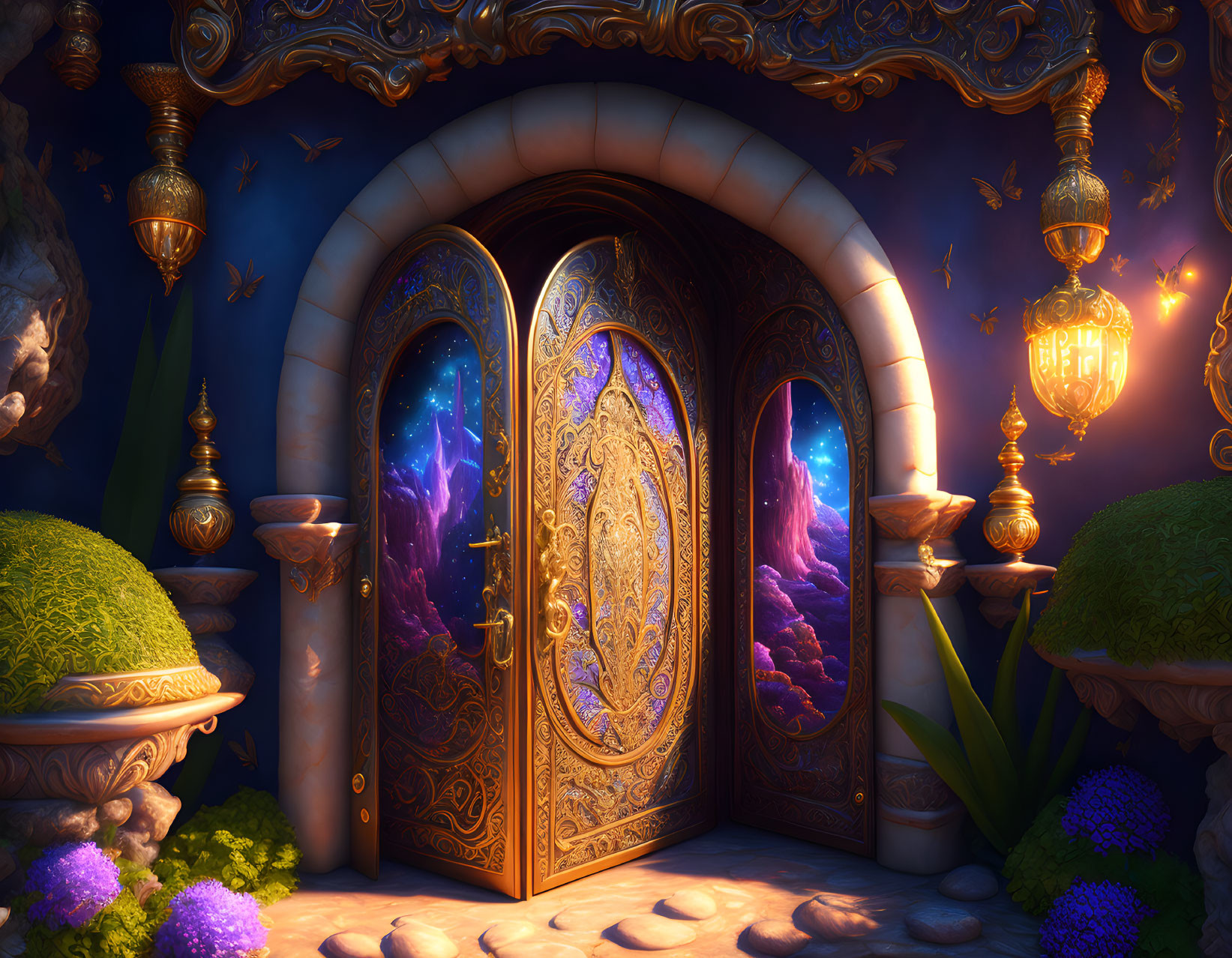 Golden ornate door reveals cosmic nebula in mystical garden